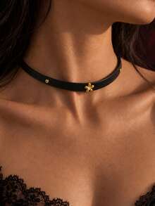 1pc Gothic Stainless Steel Cherry Blossom Flower Leather Choker Necklace For Women, Halloween Jewelry Accessory - Black - View 1