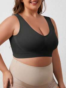 1 buah Bra Yoga Olahraga Wanita Ukuran Plus Tanpa Jahitan dan Tanpa Kawat dengan Tali Lebar, Nyaman untuk Sehari-hari, Warna Hitam untuk Musim Semi dan Gugur - Hitam - View 3