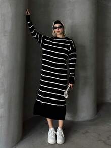 Sweater Dress; Women Striped Pattern Drop Shoulder Polo Neck, 26 Fall/ Winter New - Black - View 8