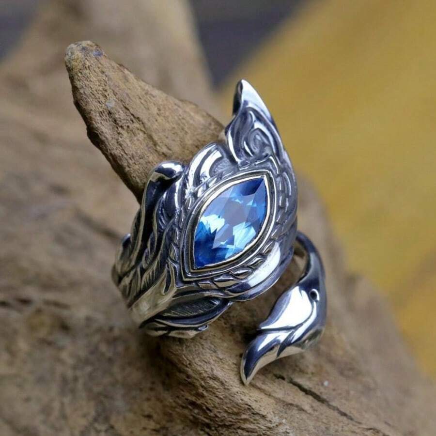 CIREY 1pc Men's Garuda Golden Wing Feather Ring, Inlaid With Topaz Zirconia, Vintage Bold Punk Style Adjustable Finger Ring - Dapeng Golden-winged Bird Feather Ring - View 1