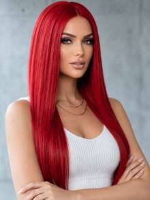 28 Inch Red Middle Part Long Straight Wig, Natural & Smooth, Easy To Wear, Suitable For All Women - Red - View 3