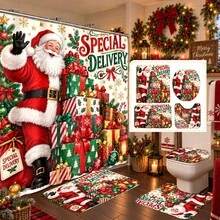 1 buah/4 buah Set Tirai Mandi Multifungsi Motif Kado Santa Claus, Gratis 12 Pengait, Suasana Liburan Premium, Keset Kamar Mandi, Karpet Berbentuk U dan Penutup Toilet Bulat, Cocok untuk Semua Suasana, Set Kamar Mandi - Hadiah Santa - View 1