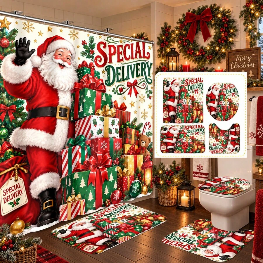 1 buah/4 buah Set Tirai Mandi Multifungsi Motif Kado Santa Claus, Gratis 12 Pengait, Suasana Liburan Premium, Keset Kamar Mandi, Karpet Berbentuk U dan Penutup Toilet Bulat, Cocok untuk Semua Suasana, Set Kamar Mandi - Hadiah Santa - View 1
