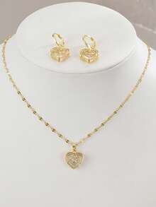 1pc Fashion Cubic Zirconia Heart Stainless Steel Women's Necklace, 1 Pair Fashion Cubic Zirconia Heart Stainless Steel Women's Earrings, Gold Necklace, Gold Earrings, Stainless Steel Jewelry, Gold Jewelry, Summer, Beach, Vacation Jewelry, Charm, Pride, Western Jewelry, Gift For Women, Gift, Birthday Gift - Yellow Gold - View 2