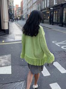 Y2K Textured Top With Lace Patchwork And Fringe Details, Long Sleeve Asymmetrical Hem T-Shirt For Casual Everyday Outfits Fall And Winter - Neon Green - View 7