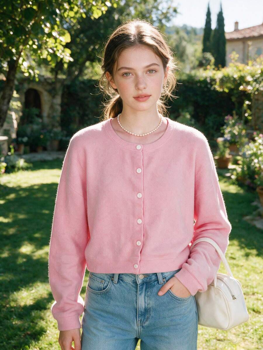 Teen Girls Casual Solid Color Knit Cardigan Short Long Sleeve Top Autumn Winter - Pink - View 1