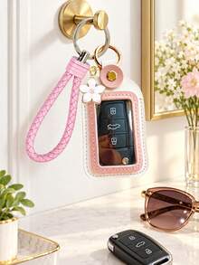 Handheld Key Pouch, PU Material Key Chain Set With Cherry Blossom Accessory, Car Key Protector, Key Chain Cover, Leather Car Key Case, Key Chain Pendant, Effectively Prevents Key Scratches, Wear And Impact, Universal PU Car Key Cover, Remote Key Protector, Suitable For Various Car Key Cover Protectors - Multicolor - View 10
