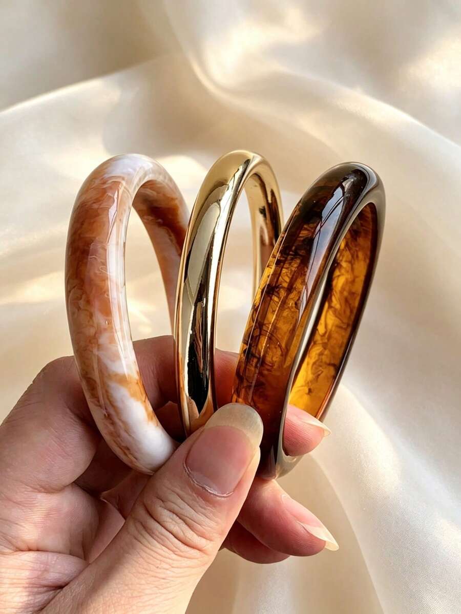 3pcs Set Fashionable Vintage Thick Multicolor Asymmetrical Acrylic Bracelet Set, Suitable For Women, Daily Wear, Gift For Friends And Family - Multicolor - View 1