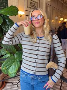 Korean Style Colorblock Striped Slimming Knit Cardigan Women's Autumn Fitted Long Sleeve Knit Top - Grey - View 5