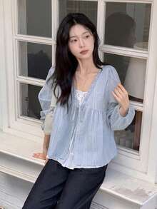 Korean Style Sweet Youthful Ruffle Petal Sleeve 2 In 1 Striped Loose Long Sleeve Blouse Top - Blue - View 1