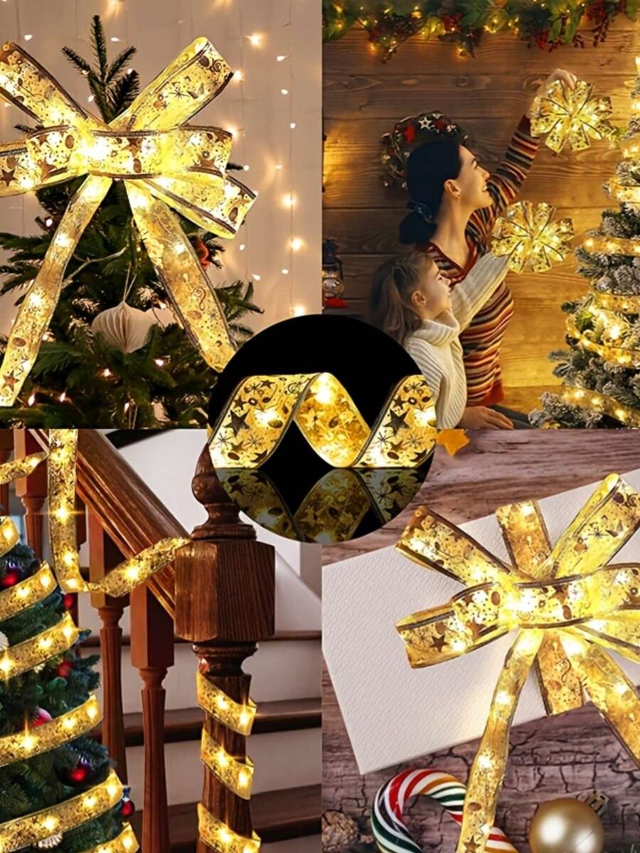 Gold And Silver Christmas Tinsel, Warm Lights String, Battery-Powered Light String, Wedding And Party Decoration Light String, Birthday Decoration Light String, Christmas Tree Decoration, Halloween Decoration, New Year Festival Indoor Light String - Gold Ribbon - View 1