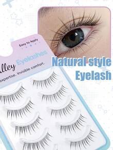 5 Pairs Japanese Manga Style Pointed Tail Transparent Invisible Stem False Eyelashes, Natural Sweet Fresh Soft Lightweight Realistic Lashes For Dating Travel Portable Pack - Black - View 1
