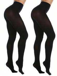1/2 Pairs Plus Size Black High Elastic Pantyhose, Women's High Density Solid Color Shiny Glossy Stockings, Anti-Scratch, Suitable For Daily Wear - Black - View 11