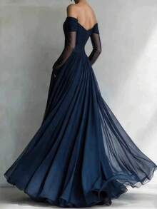Vestidos de Fiesta Elegantes Mujer Vestidos Elegantes Largos Vestido Bandeau Estilo Francés Occidental Manga Larga Cintura Alta Tul Falda Amplia Ajustado Elegante para Mujer - Azul Marino - Ver 3