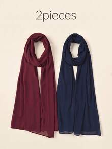2pcs Women Solid Color Pearl Chiffon Headscarf Arab Casual Long Scarf Suitable For Daily Use - Jewel Red 1 Navy Blue 1 - View 1