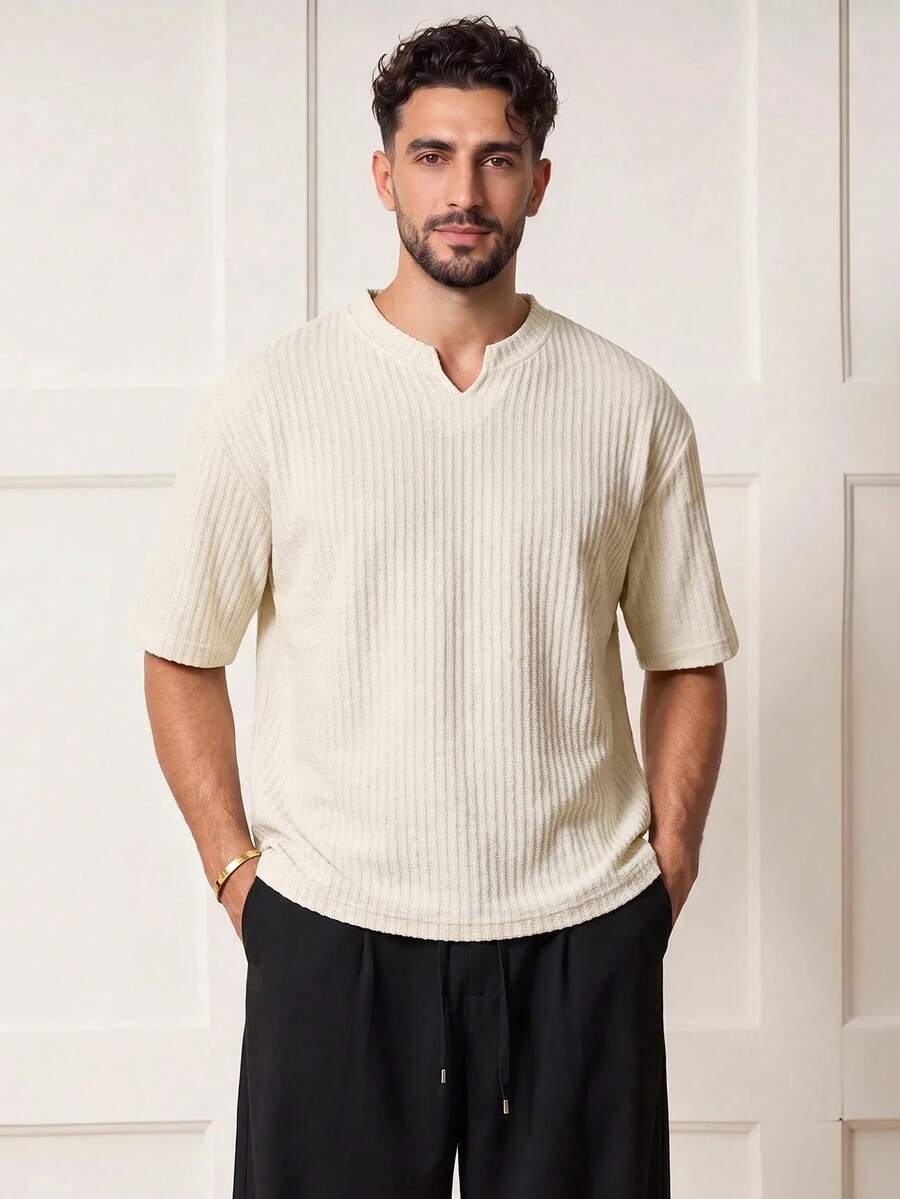 Voidago 1pc Men's V-Neck Short Sleeve T-Shirt, Lightweight Breathable Fabric, Suitable For Summer, Pill-Resistant, Non-Deforming, Casual Style, - Apricot - View 1