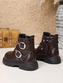 1 Pair Kids Leather Buckle Short Boots Soft PU Dual Hook & Loop + Inner Zipper Design Maillard Style Motorcycle Boots Suitable For Daily School Outdoor Autumn Winter New Arrival - Coffee Brown - View 7