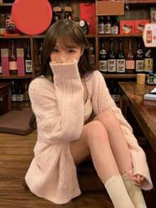 Women's Loose V-Neck Cable Knit Cardigan Sweater Jacket, Solid Color, Autumn/Winter - Pink - View 4