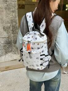 White Cute Baseball Panda Print Backpack, Drawstring Mesh Pocket Large Capacity Casual Daypack Lightweight Multi‑Pocket Rucksack For Teens Outdoor - Multicolor - View 7