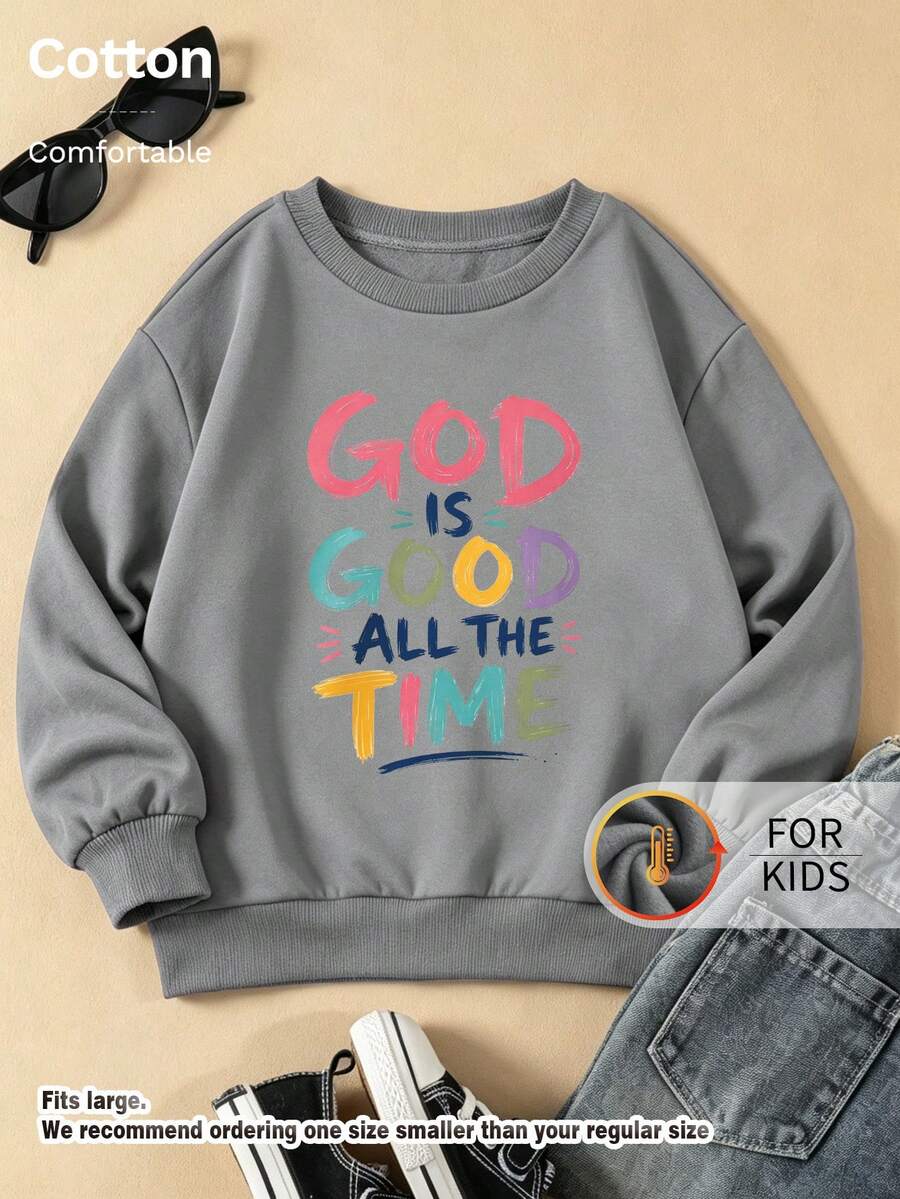 سويت شيرت للأطفال بياقة دائرية، مطبوع عليه عبارة "God Is Good All The Time" بحروف ملونة، مبطن بالصوف، بلوزة للأطفال - رمادي - مشاهدة 1