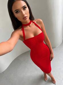 Summer Sexy Halter Red Ribbed Midi Bodycon Dress For Women Bandage Dress Elegant Night Out Evening Cocktail Party Dress - Red - View 1