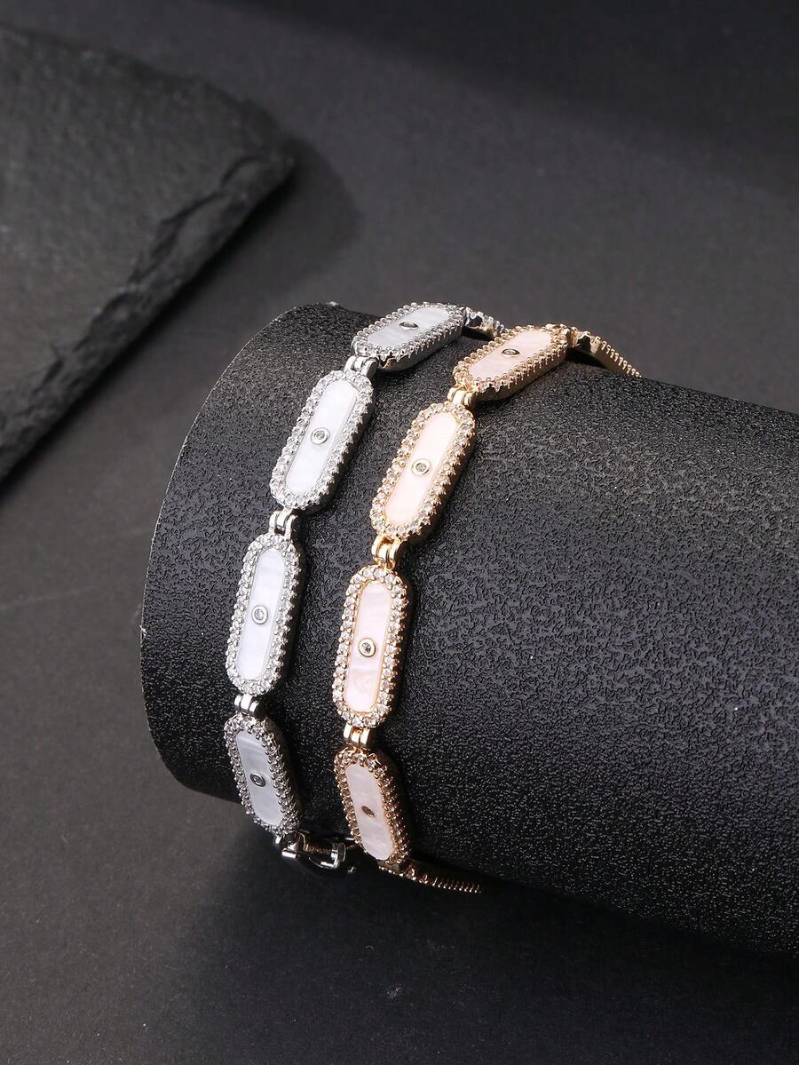 1pc Oval Shell Cubic Zirconia Women's Bracelet, Gold/Silver Dual Color Optional, Adjustable Size, Suitable For Banquet And Party Wear - Oval Shell Bracelet - View 1