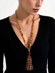 1pc Exquisite Vintage Brown Beaded Tassel Long Necklace, Versatile For Women's Daily Wear, Party, Dance, Commute And Date - Necklace - View 1