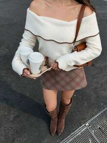 Fall Winter Women's White Off-Shoulder Sweater, Long Sleeve Pullover With Brown Scalloped Edge Detail - Beige - View 2