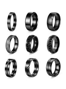 9PCS Punk Hip Hop Black Chain Plain Band Stainless Steel Men's Rings, Fashion Men's Jewelry Accessories, Rings For Daily & Anniversary Wear - Multicolor - View 7