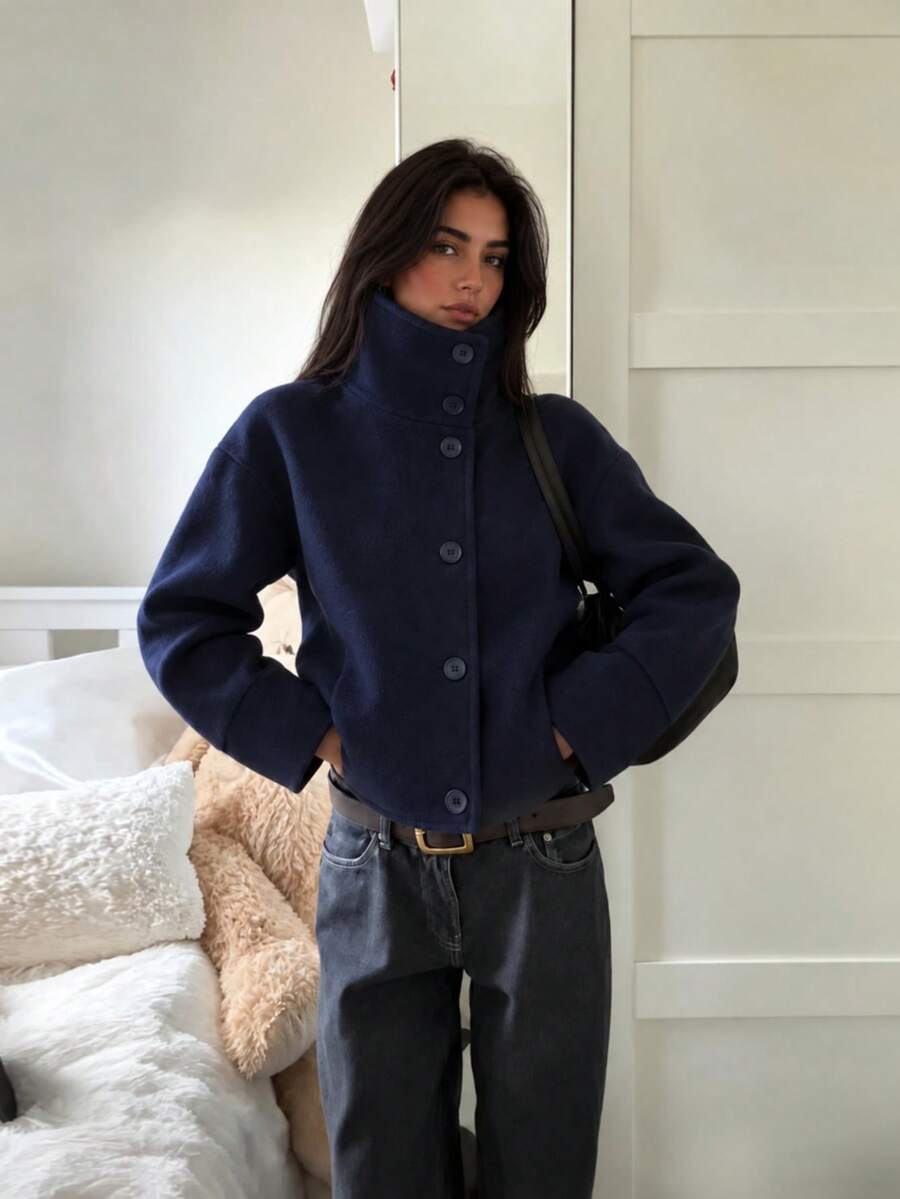 Women's Casual Wool Jacket, Casual Stand Collar Button Design, Navy Blue Thick Coat, Suitable For Commuting, Dating, Daily Wear - Navy Blue - View 1