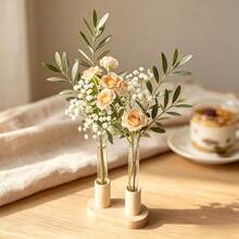 Test Tube Vase With Wooden Base, Clear Glass Hydroponic Flower Holder, Minimalist Tabletop Floral Decor, 1-Tube (2Pcs/Set), 2-Tube & 3-Tube (1Pc/Set) - 3 Styles - View 8