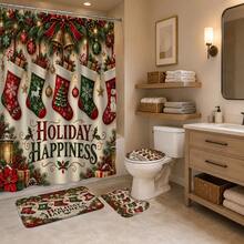 1pc/4pcs Christmas Stocking Pattern Multi-Functional Bathroom Decor Shower Curtain Set Free 12 Hooks Premium Holiday Atmosphere Bathroom Mat U-Shaped Floor Mat And Round Toilet Lid Cover Suitable For All Scenes Decoration Bathroom Set - Christmas Stockings - View 4