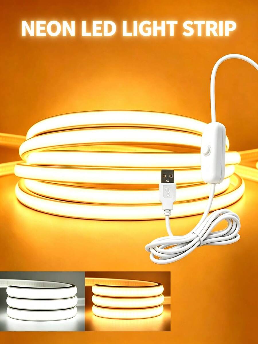 Flexible Neon LED COB Light Strip, DC5V USB Powered, With Switch, 2m, 3 Meters, 5m High Brightness Neon Light Strip, Suitable For Indoor, Hallway, Stairs, Holiday Decoration DIY - Warm Light - View 1