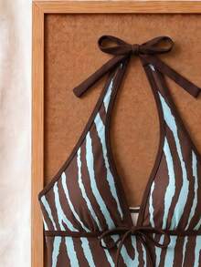 New Summer Beach Vacation Casual Style Leopard Print Halter Neck Two-Piece Swimsuit Set For Women - Multicolor - View 5