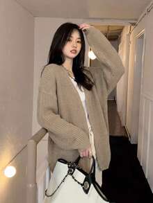 Jaket Sweater Luar Ruangan Longgar Berkerah Terbuka Model Slouchy Terbaru untuk Musim Gugur/Dingin - Khaki - View 2