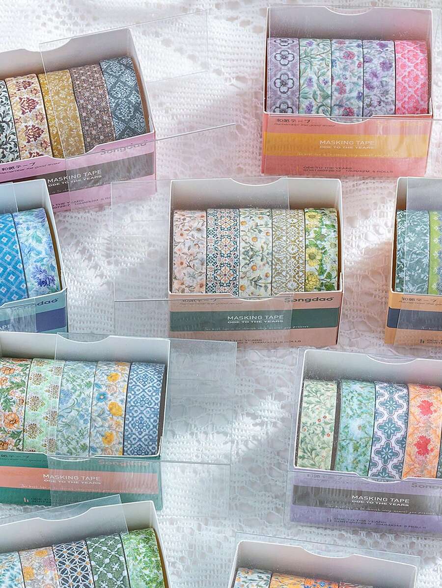 5 cuộn/hộp băng keo giấy washi họa tiết cây và hoa phong cách vintage, dùng cho làm nhật ký DIY, scrapbooking, trang trí collage nền và gói quà