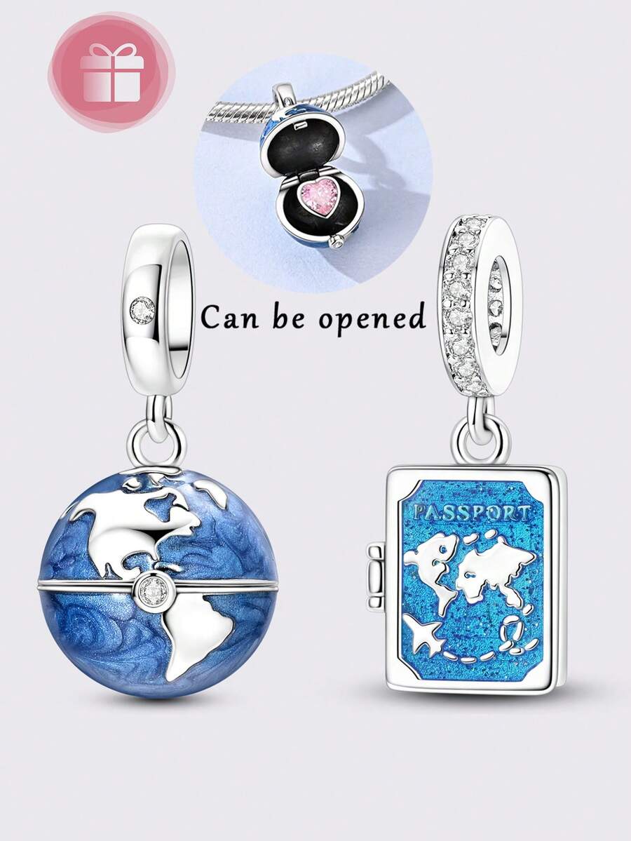 1 Pieces Original Design Silvery Color Charms Beads Blue Glaze Earth Open And Close DIY Gifts For Women Design Fits Original Bracelet & Necklace - Multicolor - View 1