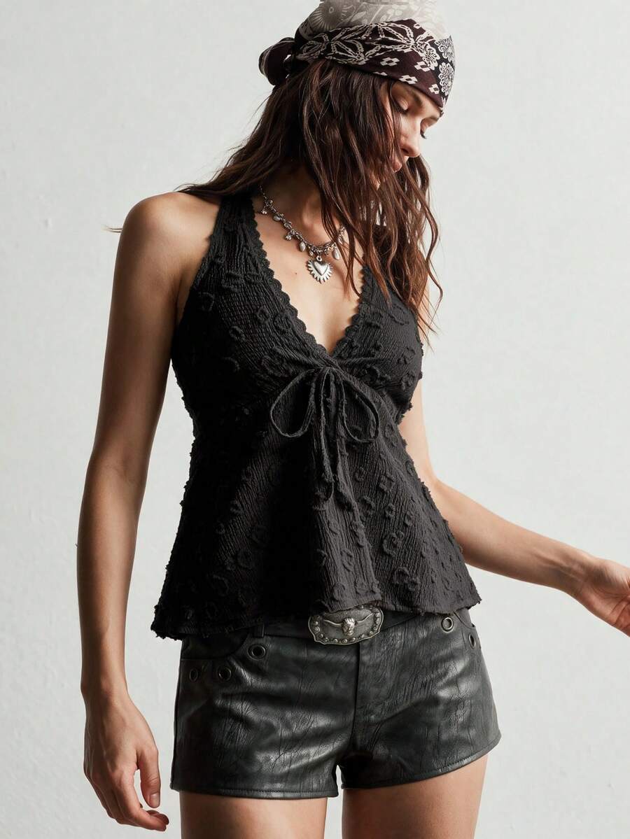 Rusttydustty Women's Backless Bohemian Style Halter Top, Suitable For Vacation, Music Festival, Autumn, Halloween Black Summer - Black - View 1