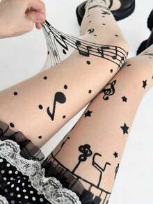 1 Pair Musical Note Print Tights For Women, Sheer High Waist Stretch Pantyhose, Cute Y2K Stockings For Fall Winter Party, Cosplay & Daily Wear - Multicolor - View 1
