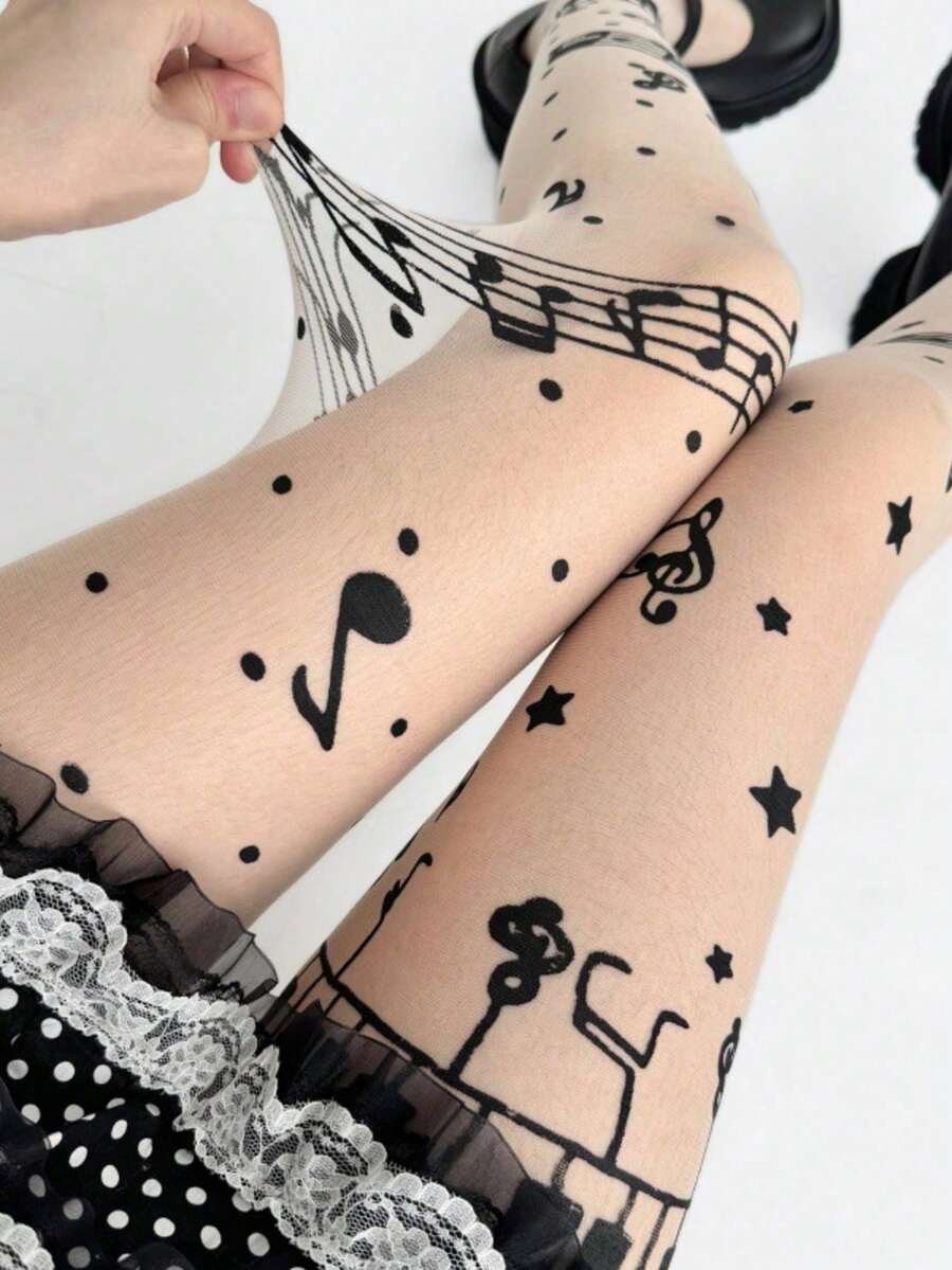 1 Pair Musical Note Print Tights For Women, Sheer High Waist Stretch Pantyhose, Cute Y2K Stockings For Fall Winter Party, Cosplay & Daily Wear - Multicolor - View 1