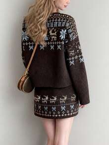 Women's Sweater Cardigan Jacket And Skirt Set, Fair Isle Deer Pattern Winter Outfit - Coffee Brown - View 2