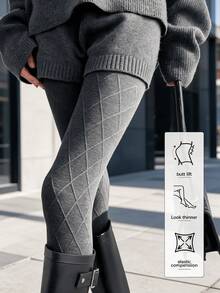 1 Pair Women's 200g Thick Knitted Rhombus Geometric Pattern High Elasticity Soft Breathable Tights, Suitable For Cold Weather, Winter Commute And Daily Wear - Light Grey - View 1