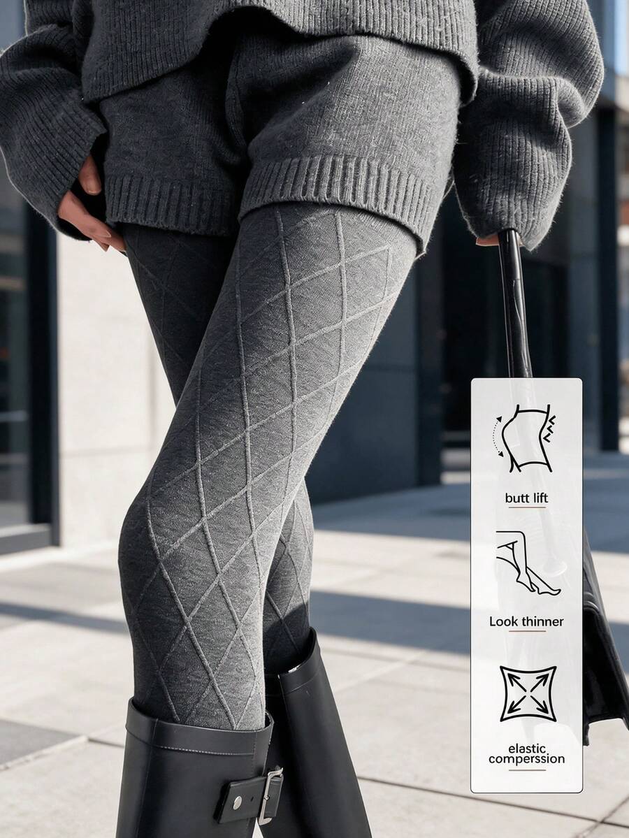 1 Pair Women's 200g Thick Knitted Rhombus Geometric Pattern High Elasticity Soft Breathable Tights, Suitable For Cold Weather, Winter Commute And Daily Wear - Light Grey - View 1