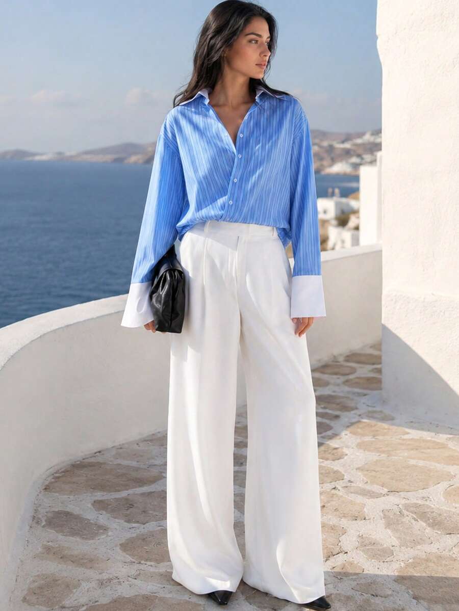 New Stylish Elegant Striped Patchwork Contrast Color Lapel Long Sleeve Casual Shirt, Suitable For Holiday, Office, Brunch - Blue - View 1