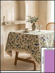 1pc Beige Base Green Branch & Blue Bird Print Tablecloth, French Fresh Style Linen Blend Fabric, Square Shape With Beige Tassel Edge Detail, Stain-Resistant Desktop Protector, Functional Dining Table Cloth Suitable For Daily Breakfast And Cozy Home Decor Scenes - Beige - View 19