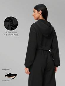 MFVIM Women's Autumn/Winter New Short Zip-Up Hoodie + Sweatpants 2pcs Versatile Sports Casual Set - Premium Black - View 4