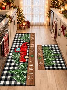 1pc Christmas Black & White Plaid Print Kitchen Floor Mat, Merry Christmas Lettering Red Vintage Truck & Christmas Tree Pattern Long Runner Rug, Wood Grain Patchwork American Country Farmhouse Style - Multicolor - View 2