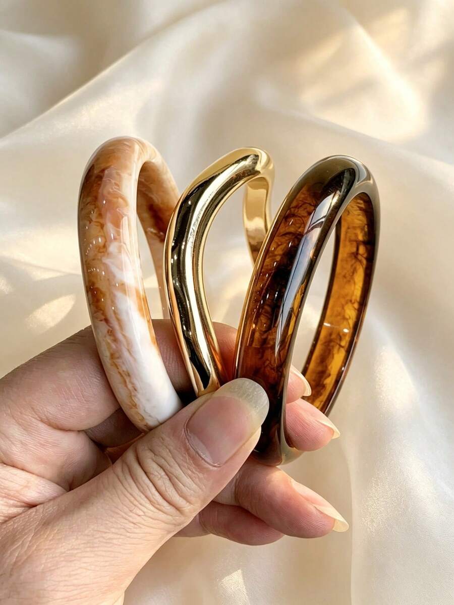 3件組時尚復古粗款多色不對稱壓克力手環套組,適合女性日常配戴,送給朋友與家人的禮物 - 彩色 - 查看 1