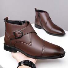 Men's Brogue Ankle Boots Pointed Toe Metal Buckle Decor Side Zipper Faux Leather Dress Ankle Boots With Buckle Plus Size 48 - Brown - View 8