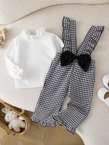 Autumn/Winter Baby Girl Cute Stylish White Top With Ruffle Collar & Houndstooth Ruffle Suspender Big Bow Flare Long Pants Set - Black and White - View 2